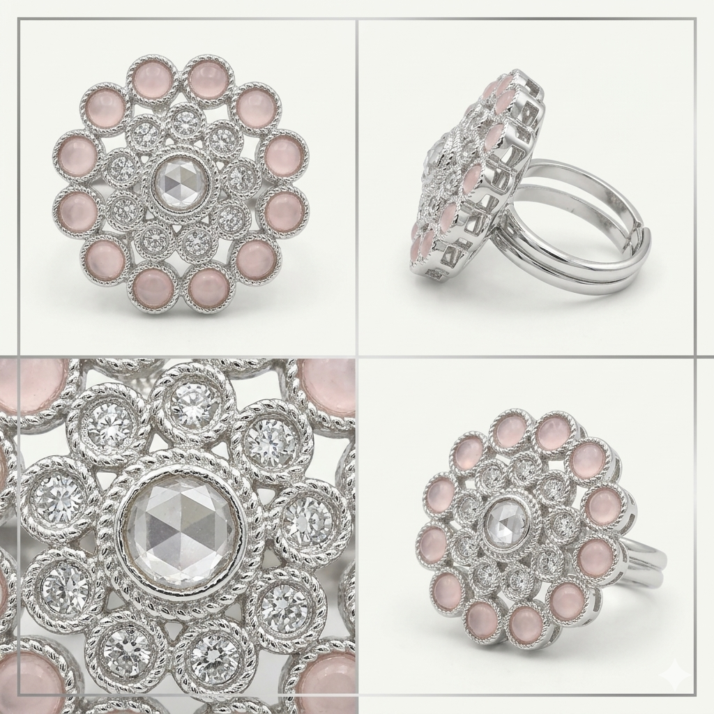 Manruya Rose Quartz Floral Statement Ring - خاتم كوكتيل منرويا فضي بحجر الروز كوارتز