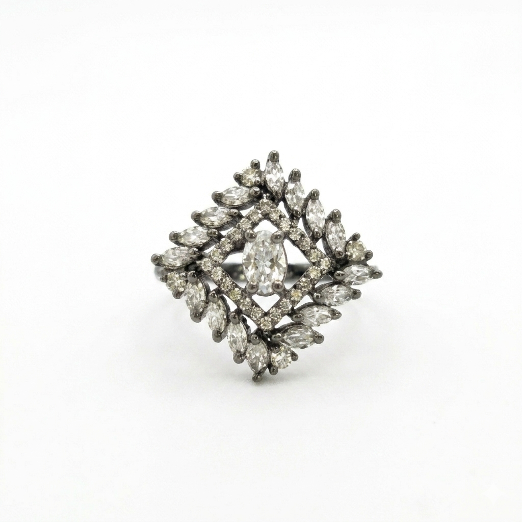 Black Oxidized Crystal Statement Ring for Women | خاتم مؤكسد أسود مرصع بالكريستال