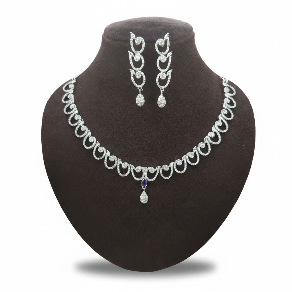 Sapphire Blue & Diamond Simulant Necklace Set - Silver Finish