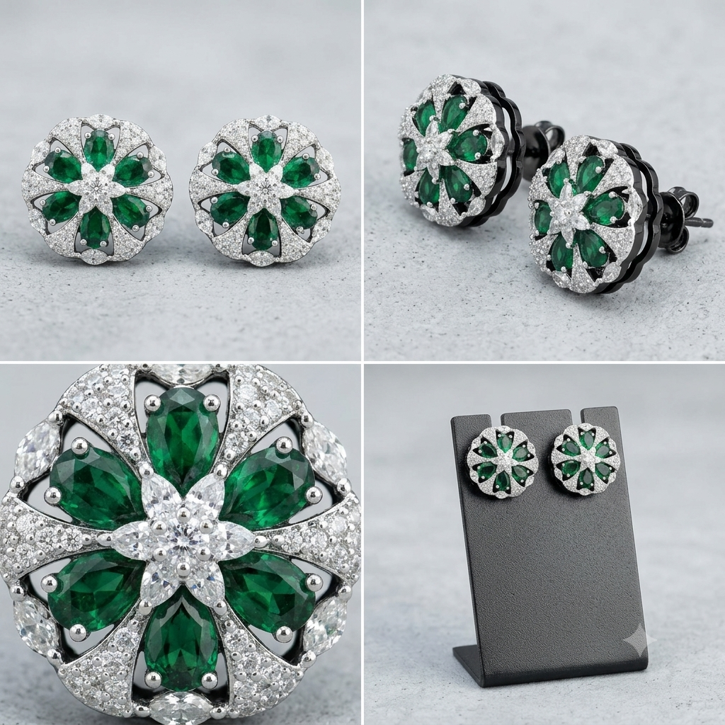 Manruya Premium Silver-Plated Mint Green CZ Floral Stud Earrings – Luxury Wheel Statement Tops | أقراط زركون خضراء فاخرة