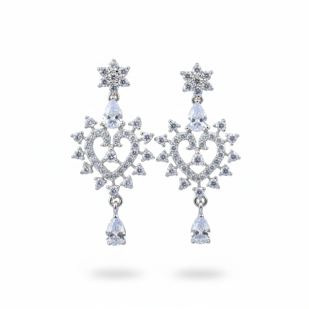 "Heart & Star" Crystal White AD Necklace Set - Silver Finish | طقم مجوهرات قلب ونجمة زركون