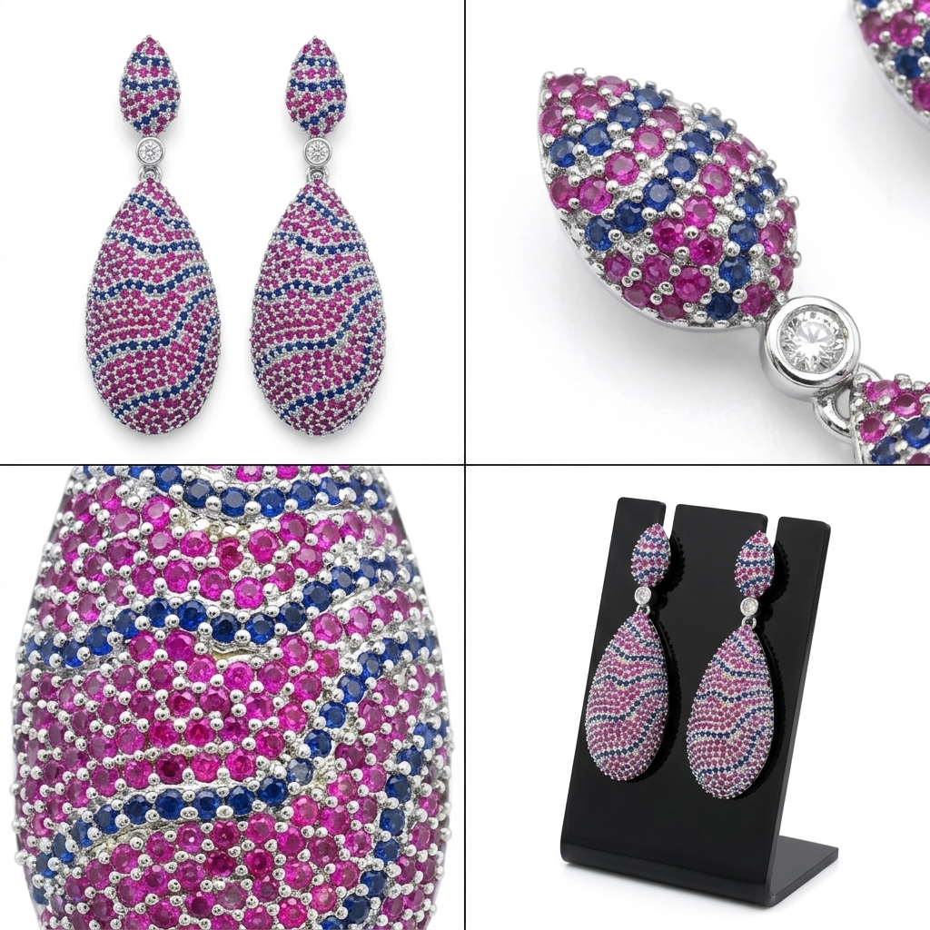 Manruya Pink Ruby & Sapphire Wave Pavé Drop Earrings - أقراط الموزاييك الفاخرة