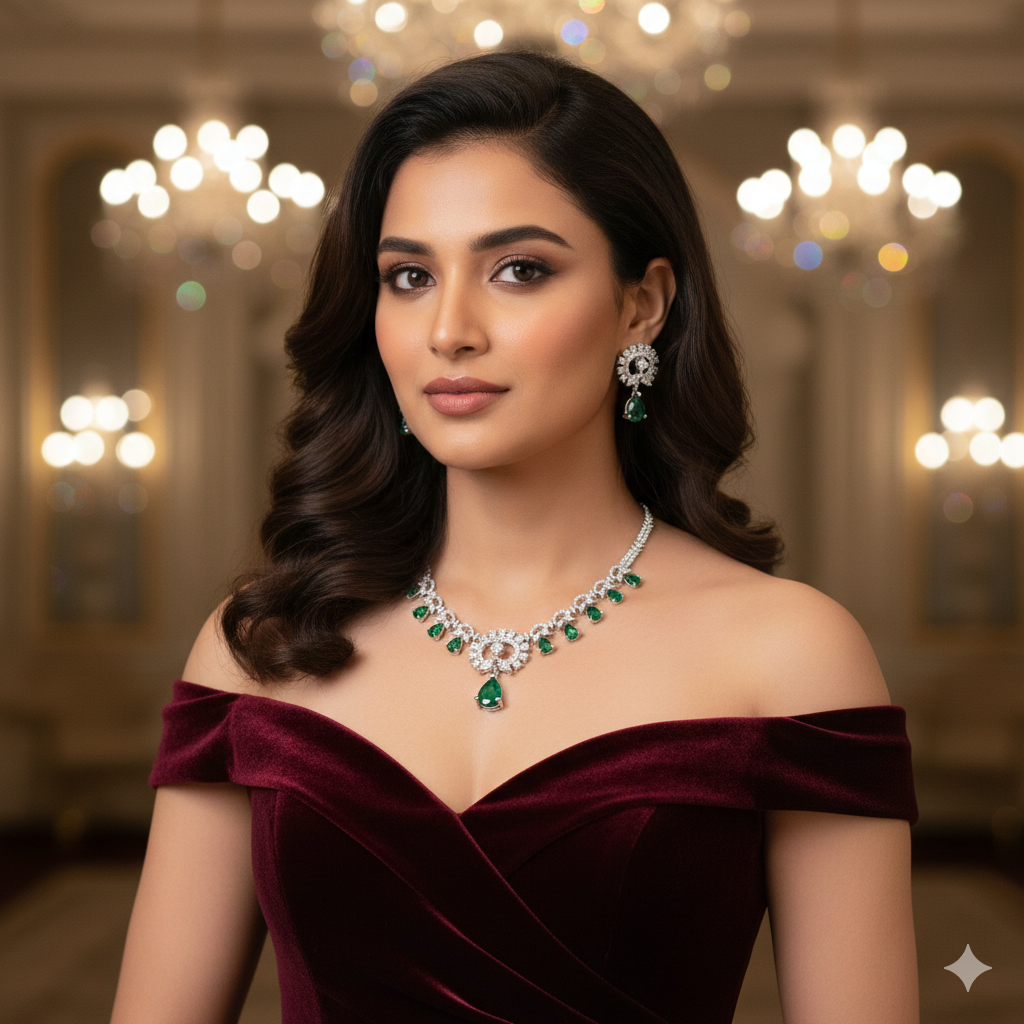 Regal Emerald Green & Diamond Simulant Choker Necklace Set