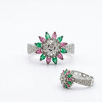 Silver Pink & Green Floral Ring for Women | خاتم فضي زهري وأخضر بتصميم الوردة للنساء