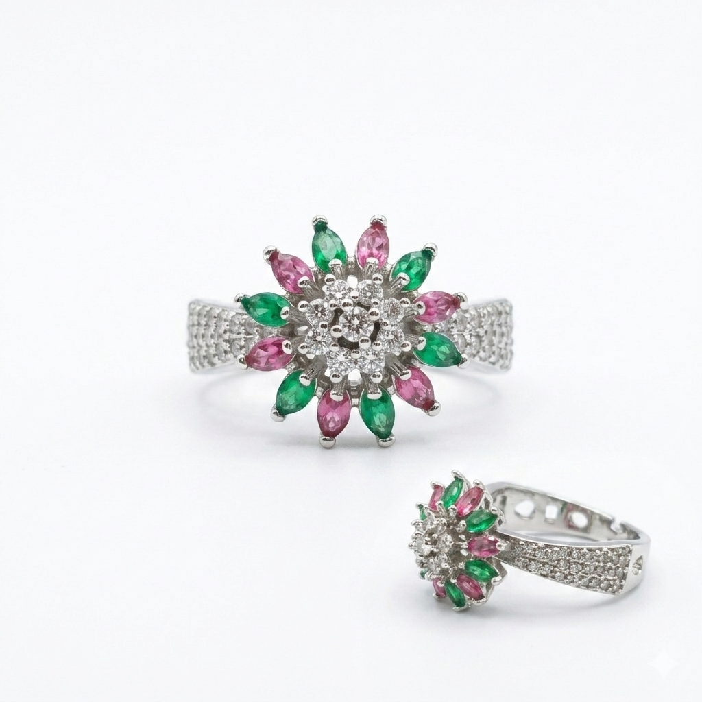 Silver Pink & Green Floral Ring for Women | خاتم فضي زهري وأخضر بتصميم الوردة للنساء