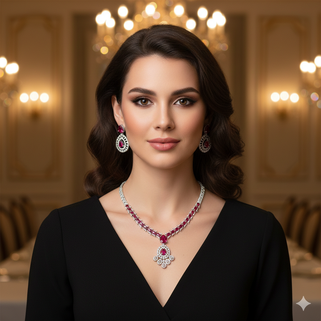 Ruby Red & Diamond Simulant Teardrop Necklace & Earrings Set