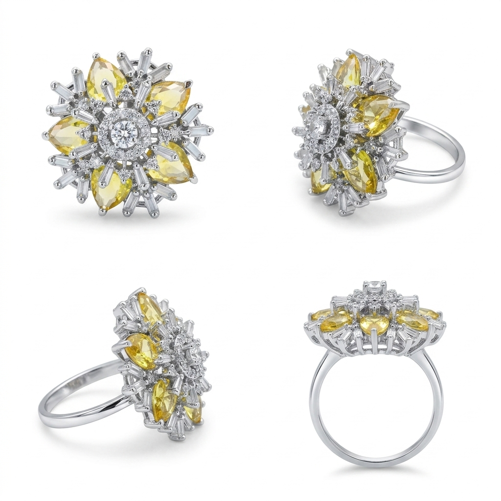 Yellow Crystal Floral Statement Ring for Women | خاتم أصفر فاخر بتصميم زهري للنساء