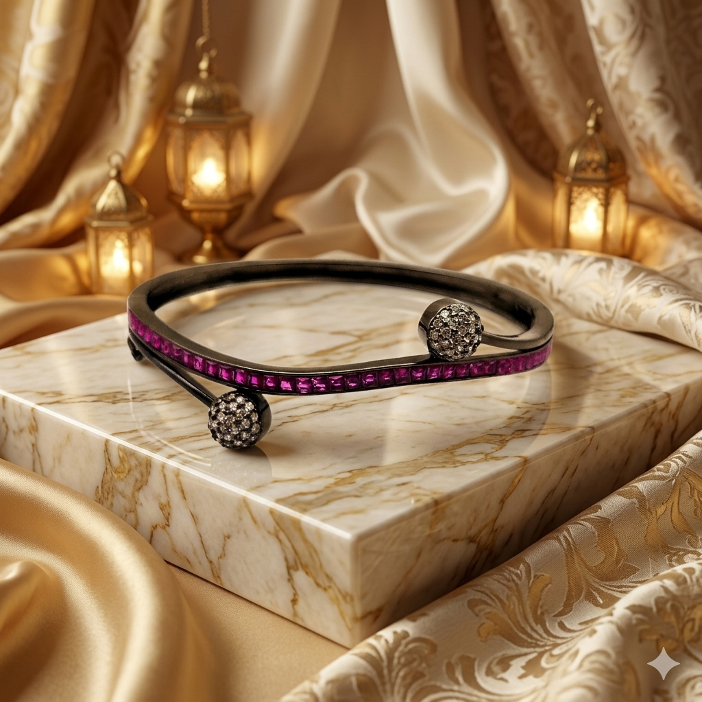 Modern Oxidized Ruby & Diamond-Style Cuff Bangle | سوار كفة عصري مرصع بالياقوت والألماس المؤكسد