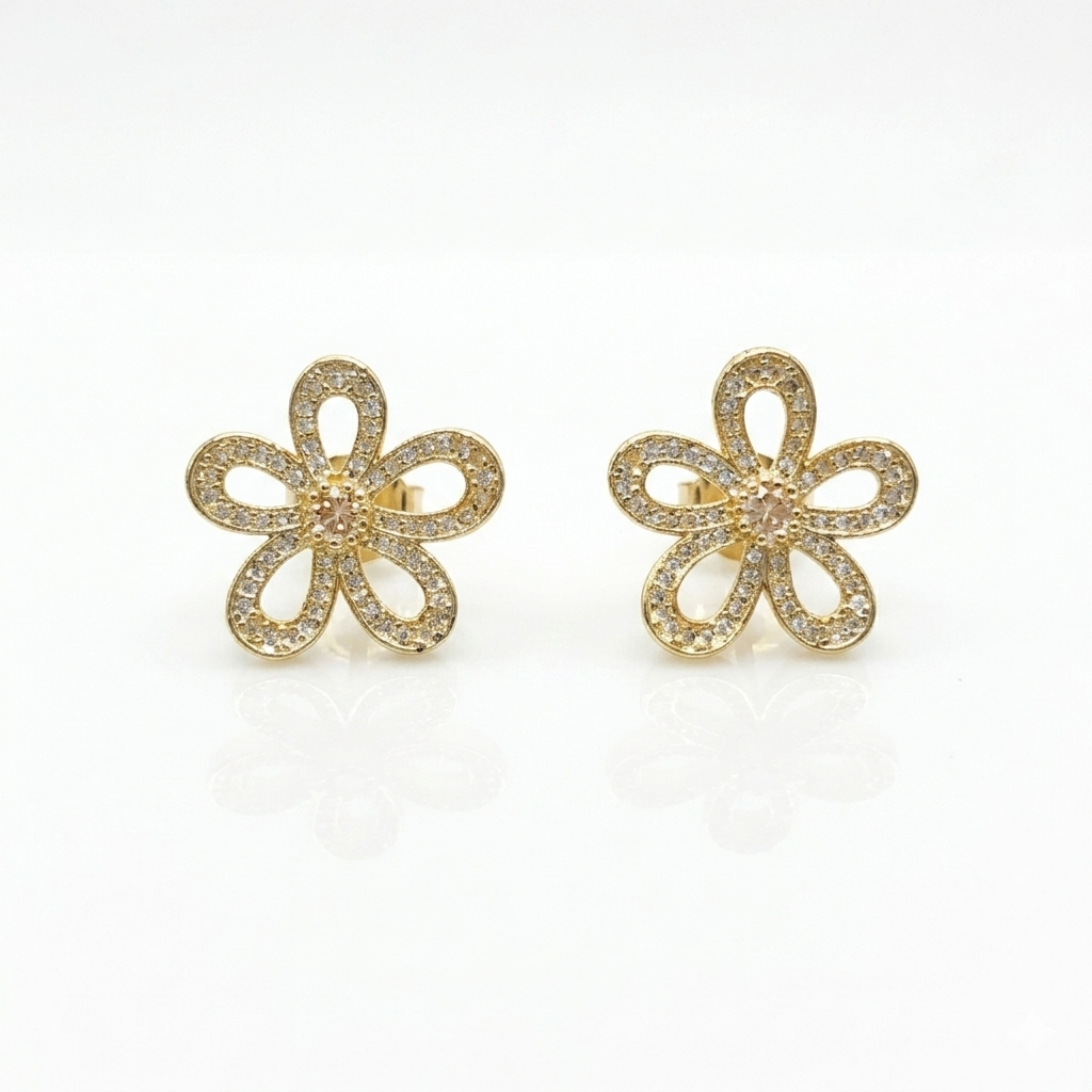 Gold Floral Zircon Stud Earrings for Women | أقراط وردة ذهبية مرصعة بالزركون للنساء