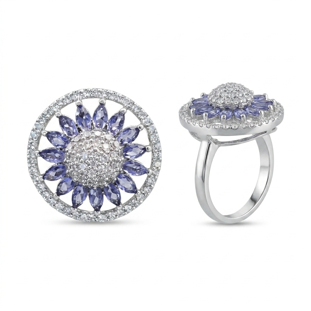 Silver Purple Floral CZ Statement Ring for Women | خاتم فضي زهري بنفسجي فاخر للنساء
