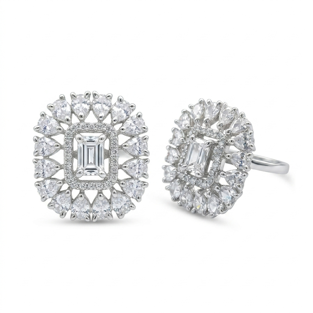 Silver Emerald Cut CZ Halo Statement Ring for Women | خاتم فضي فاخر بحجر زمردي ولمسات CZ