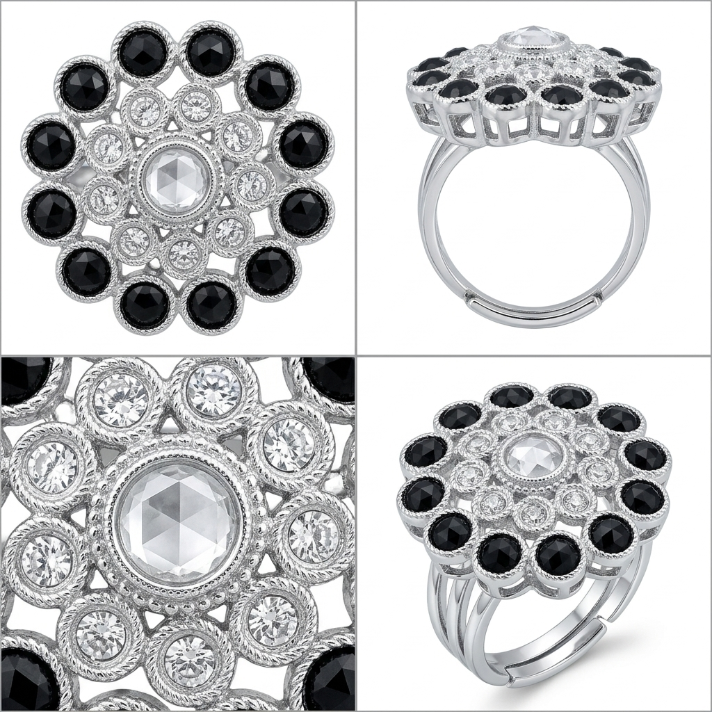 Manruya Black Onyx Floral Statement Ring - خاتم كوكتيل منرويا فضي مرصع بالأونكس الأسود