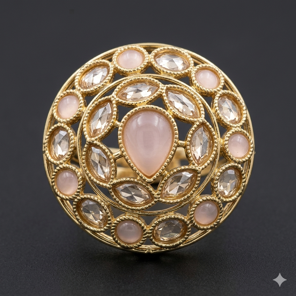 Manruya Rose Quartz Heritage Statement Ring - خاتم منرويا تراثي عريض مرصع بالروز كوارتز والذهب
