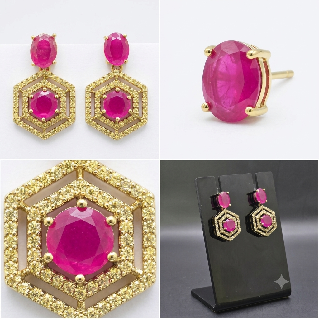 Manruya Hexagonal Ruby Drop Earrings - أقراط الياقوت السداسية