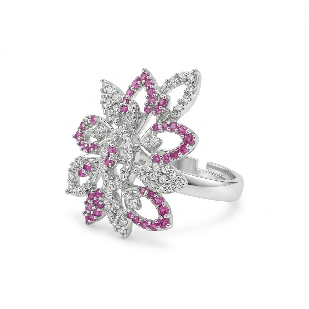 Pink Floral Adjustable Ring for Women | خاتم زهري وردي فاخر للنساء