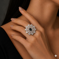 Black Crystal Floral Halo Statement Ring for Women | خاتم أسود فاخر بتصميم زهري للنساء