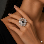 Black Crystal Floral Halo Statement Ring for Women | خاتم أسود فاخر بتصميم زهري للنساء