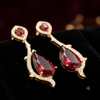 Manruya Premium Gold-Toned Ruby Red CZ Teardrop Earrings – Luxury Vine Drop Danglers | أقراط زركون حمراء متدلية