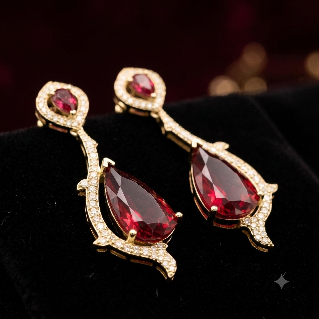Manruya Premium Gold-Toned Ruby Red CZ Teardrop Earrings – Luxury Vine Drop Danglers | أقراط زركون حمراء متدلية