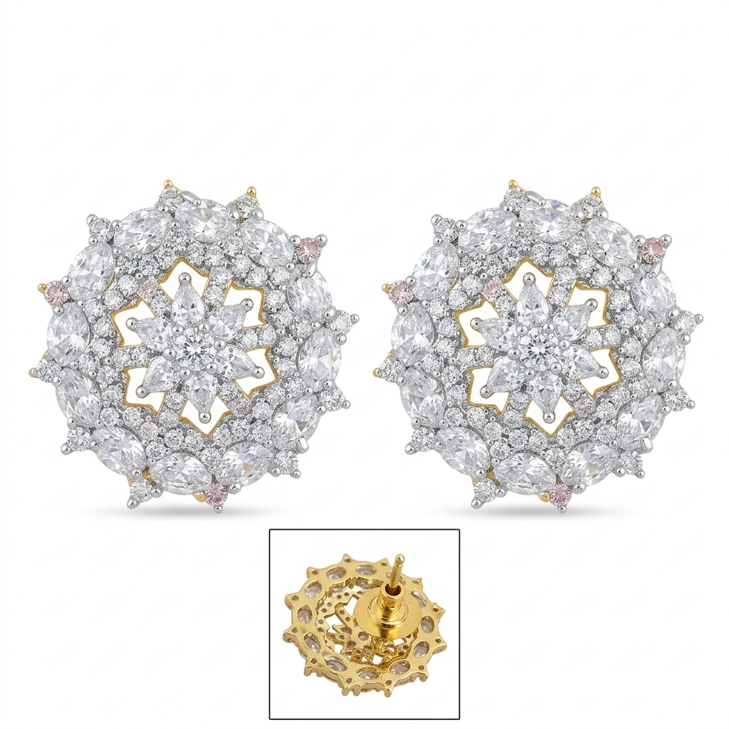 Gold Plated Two-Tone CZ Mandala Stud Earrings – Luxury Two-Tone Statement Tops | أقراط زركون دائرية فاخرة