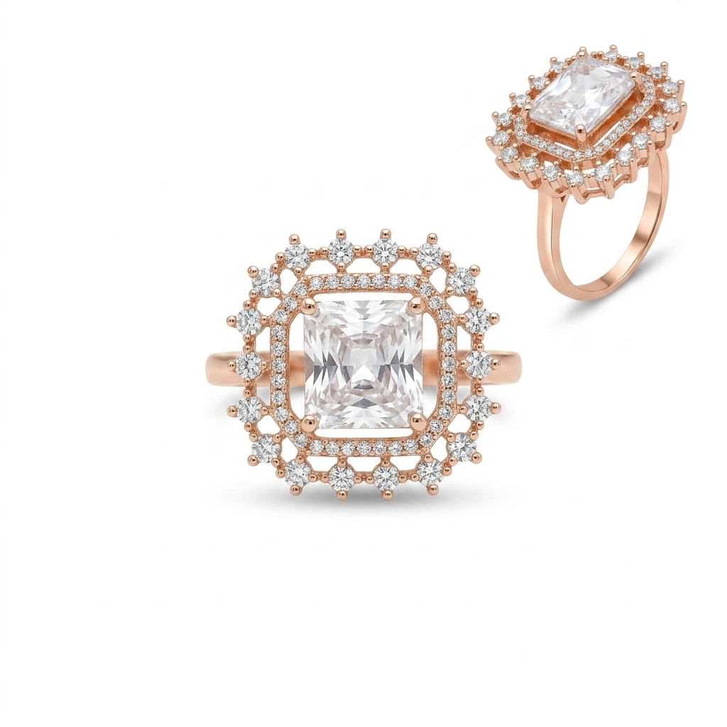 Rose Gold Radiant Crystal Statement Ring for Women | خاتم روز جولد فاخر بحجر كريستال لامع للنساء