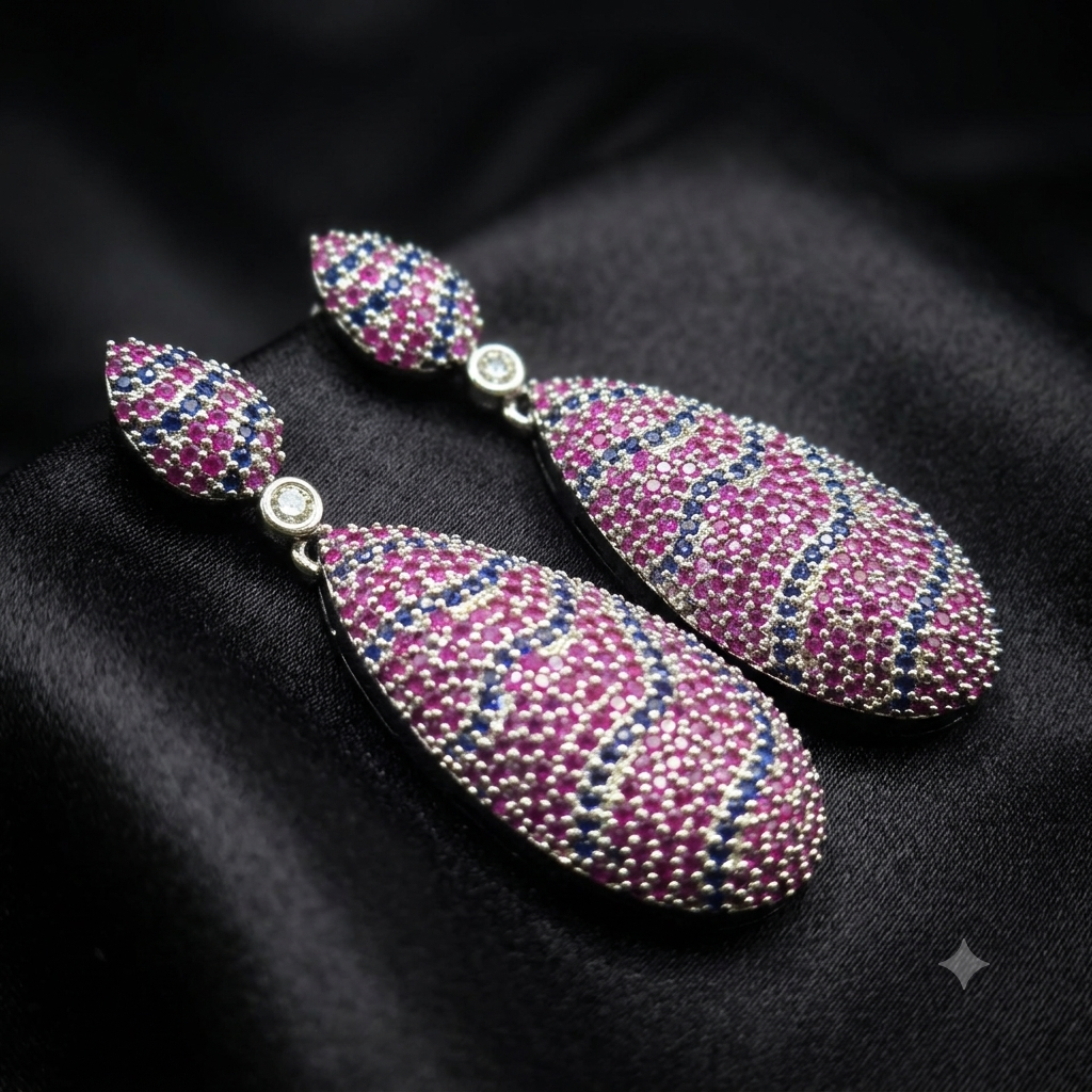 Manruya Pink Ruby & Sapphire Wave Pavé Drop Earrings - أقراط الموزاييك الفاخرة