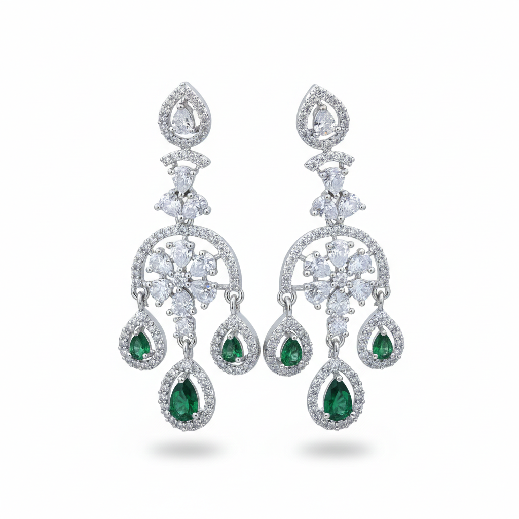 Emerald Green & White American Diamond Choker Necklace Set - Silver Finish