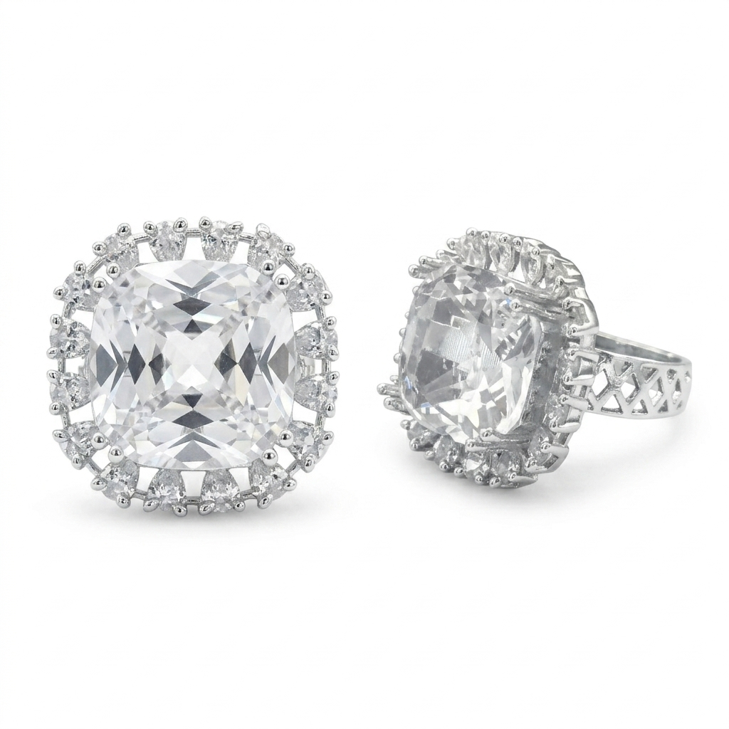 Silver Cushion Cut Crystal Statement Ring for Women | خاتم كريستال فاخر فضي للنساء