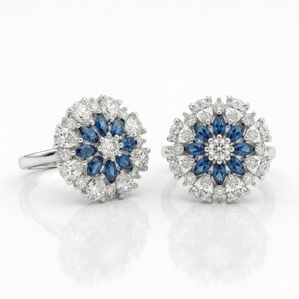 Silver Blue Floral Statement Ring for Women | خاتم فضي فاخر بحجر أزرق