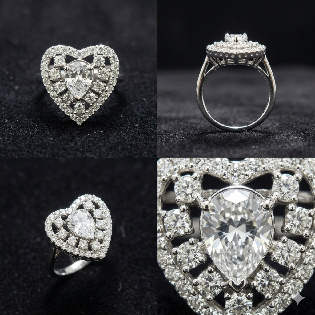 Manruya Crystal Heart Halo Statement Ring - Rhodium-Plated Adjustable Cocktail Ring