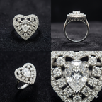 Manruya Crystal Heart Halo Statement Ring - Rhodium-Plated Adjustable Cocktail Ring