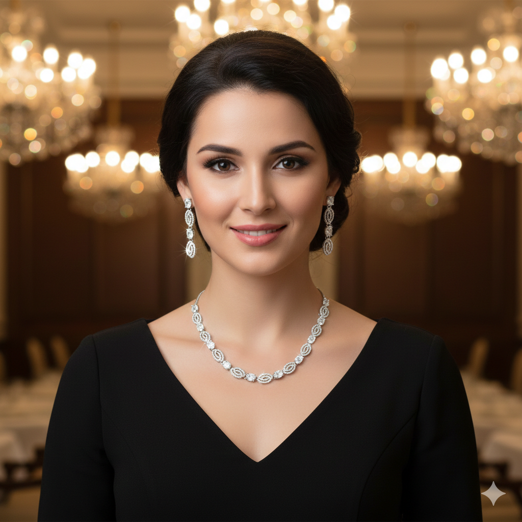 "Timeless Oval" White American Diamond  - Silver Finish | طقم عقد زركون بيضاوي وفضي