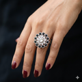 Manruya Black Onyx Floral Statement Ring - خاتم كوكتيل منرويا فضي مرصع بالأونكس الأسود