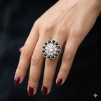 Manruya Black Onyx Floral Statement Ring - خاتم كوكتيل منرويا فضي مرصع بالأونكس الأسود