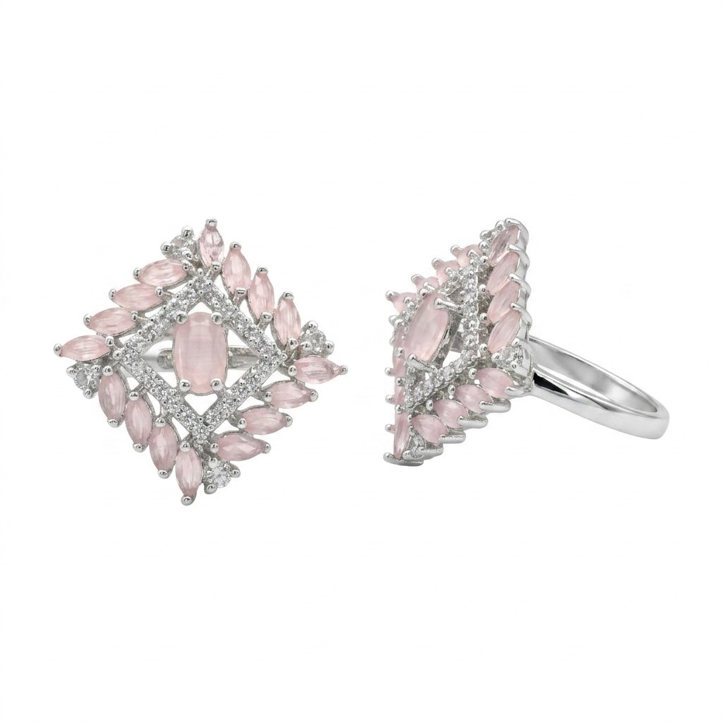 Silver Pink Stone Geometric Statement Ring for Women | خاتم فضي بحجر وردي بتصميم هندسي فاخر