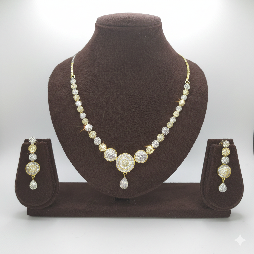 Royal Two-Tone American Diamond Bridal Necklace Set - طقم عقد زفاف فاخر مرصع بالألماس الأمريكي
