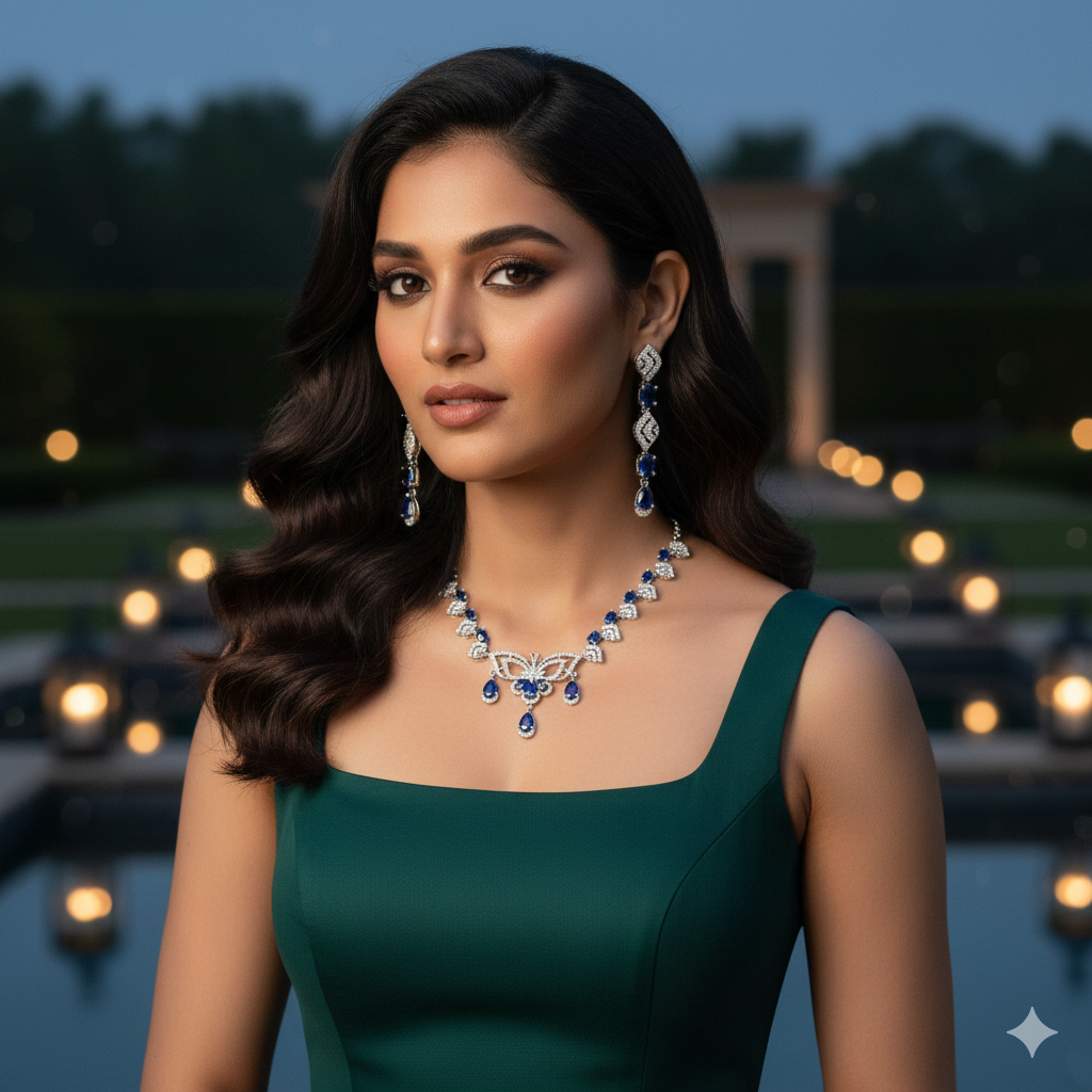 "Monarch" Blue Butterfly & Sapphire Simulant Necklace & Earrings Set | طقم مجوهرات الفراشة الأزرق