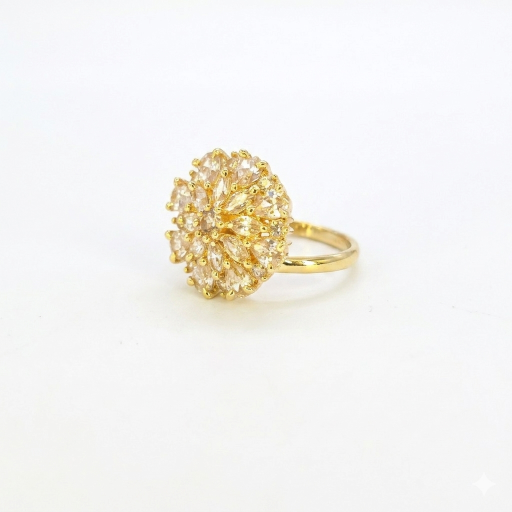 Golden Floral Crystal Statement Ring for Women | خاتم زهري ذهبي فاخر