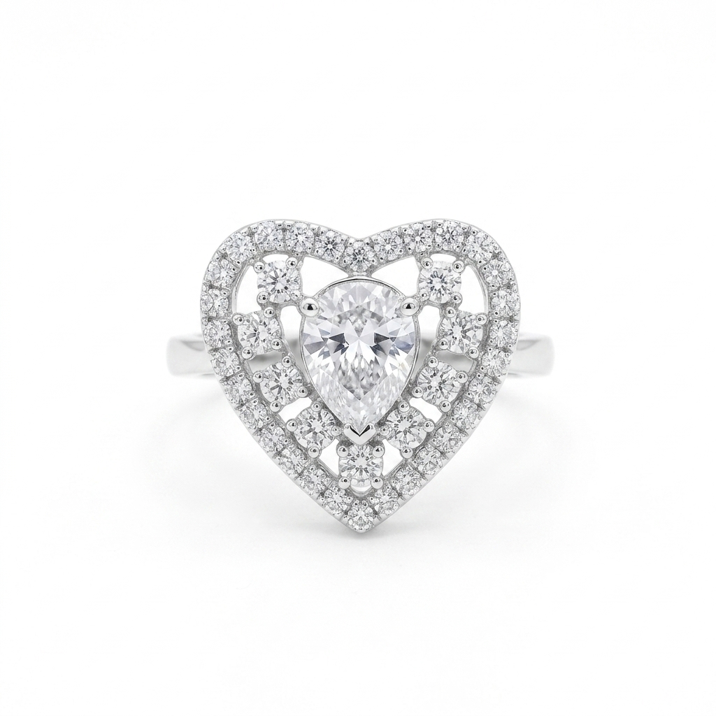 Manruya Crystal Heart Halo Statement Ring - Rhodium-Plated Adjustable Cocktail Ring