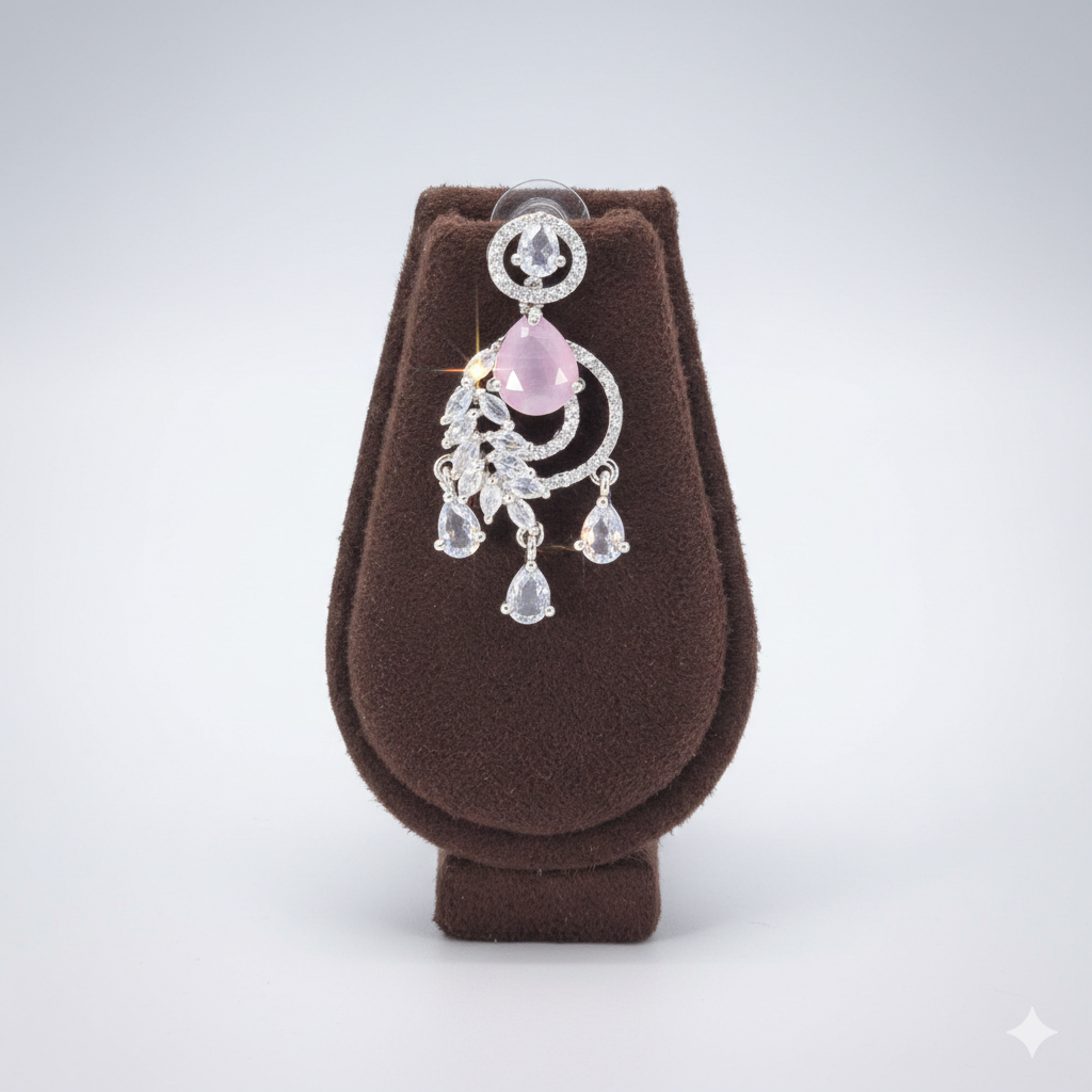 Royal Rose Pink American Diamond Bridal Necklace Set with Maang Tikka - طقم عقد زفاف فاخر مرصع بالألماس والياقوت الوردي