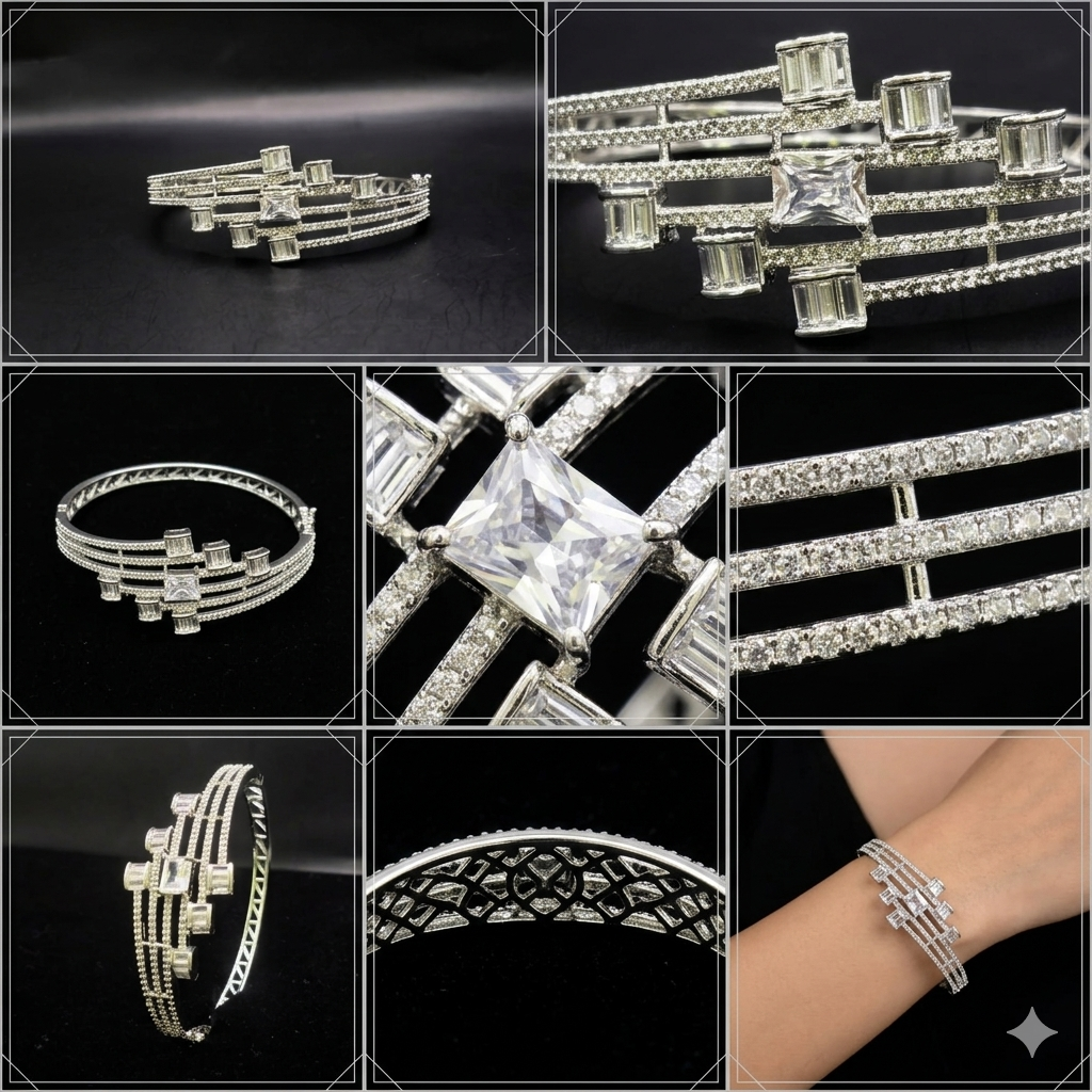 Silver-Tone Multi-Row Geometric Bangle Bracelet | سوار هندسي متعدد الصفوف بلون فضي