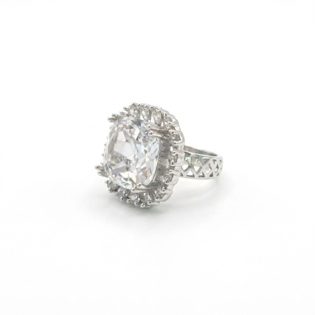 Silver Cushion Cut Crystal Statement Ring for Women | خاتم كريستال فاخر فضي للنساء