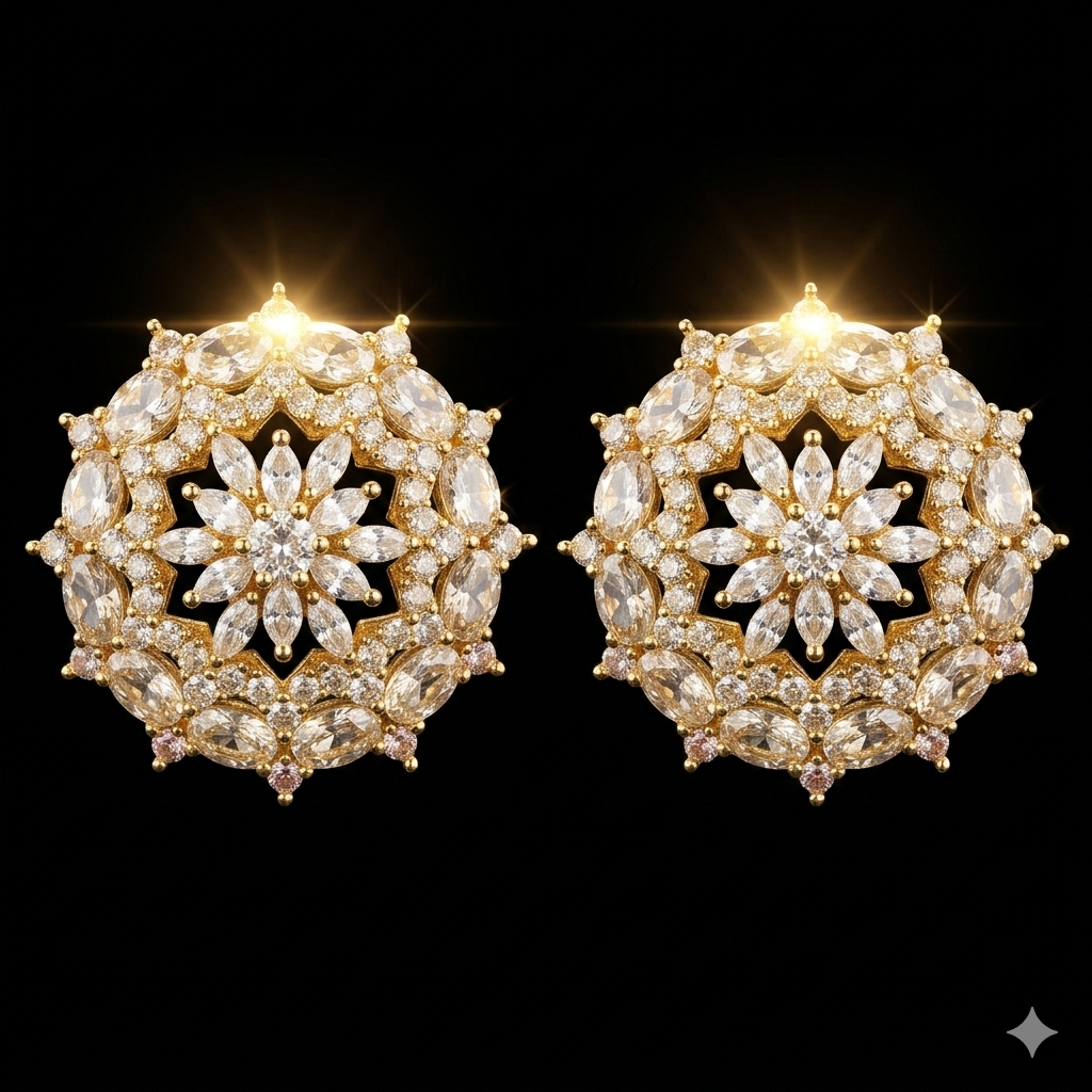 Gold Plated Two-Tone CZ Mandala Stud Earrings – Luxury Two-Tone Statement Tops | أقراط زركون دائرية فاخرة