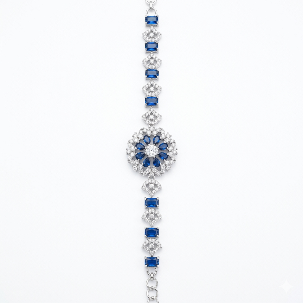 Blue Floral Silver-Tone Bracelet | سوار فضي بتصميم زهري وأحجار زرقاء
