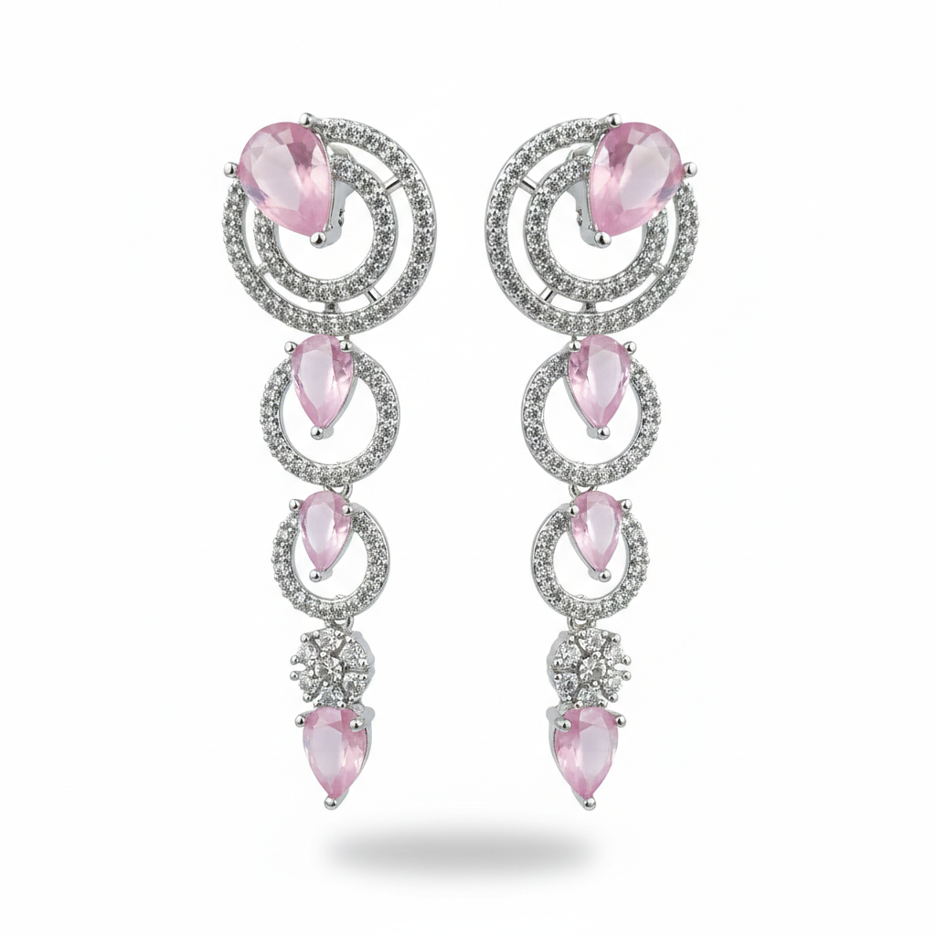 Elegant Pastel Pink & Diamond Simulant Necklace & Earrings Set