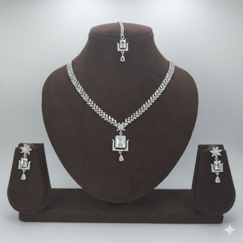 Premium American Diamond Bridal Necklace Set with Maang Tikka - طقم عقد زفاف فاخر مرصع بالألماس الأمريكي مع زينة الرأس