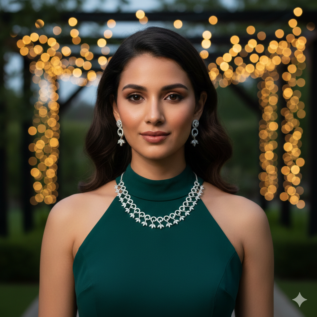 "Divine Filigree" White American Diamond Set - Silver Plated | طقم عقد زركون أبيض وفضي