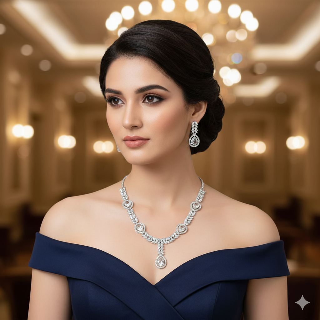 Premium American Diamond Bridal Necklace Set - طقم عقد زفاف مرصع بالألماس الأمريكي الفاخر