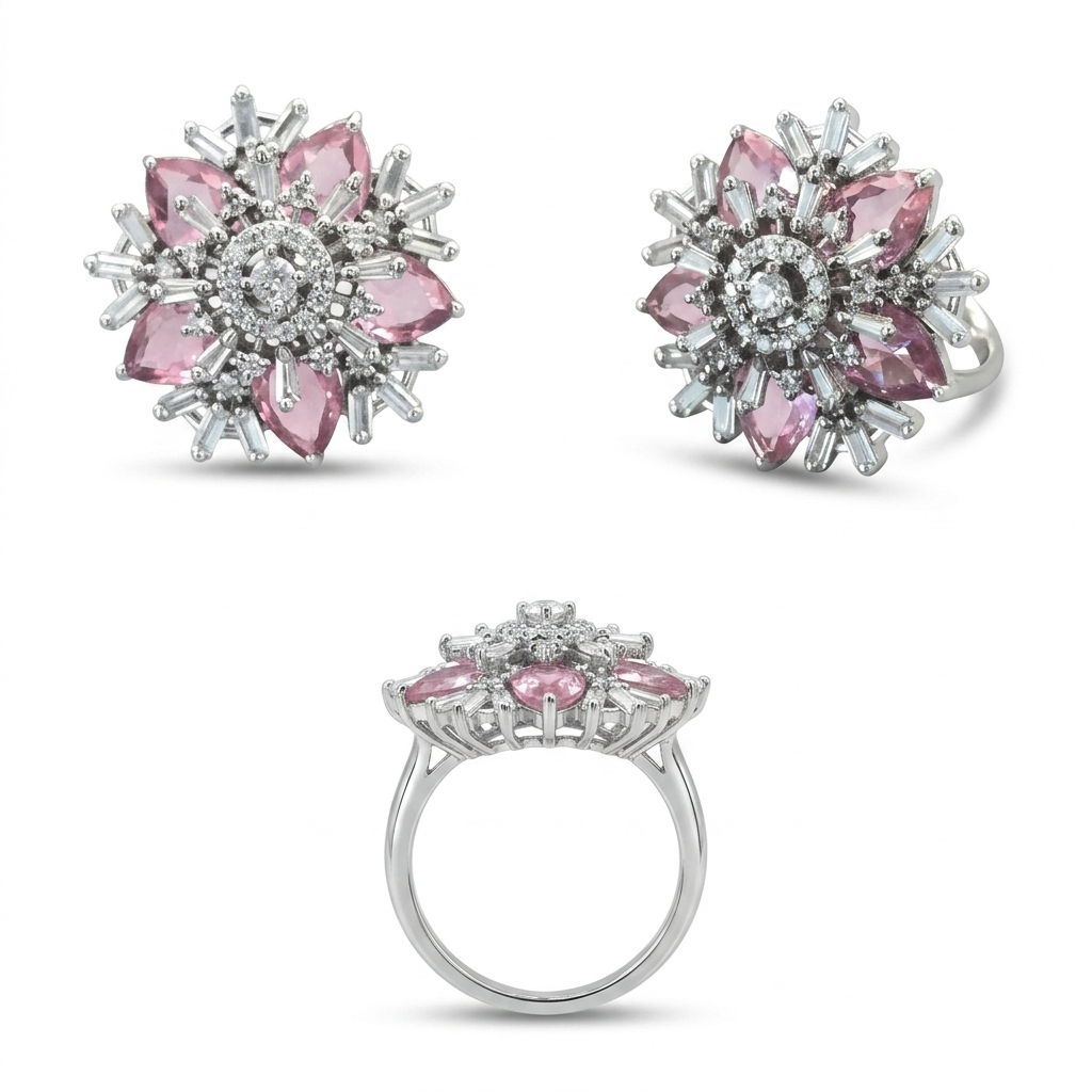 Pink Crystal Floral Statement Ring for Women | خاتم وردي فاخر بتصميم زهري للنساء