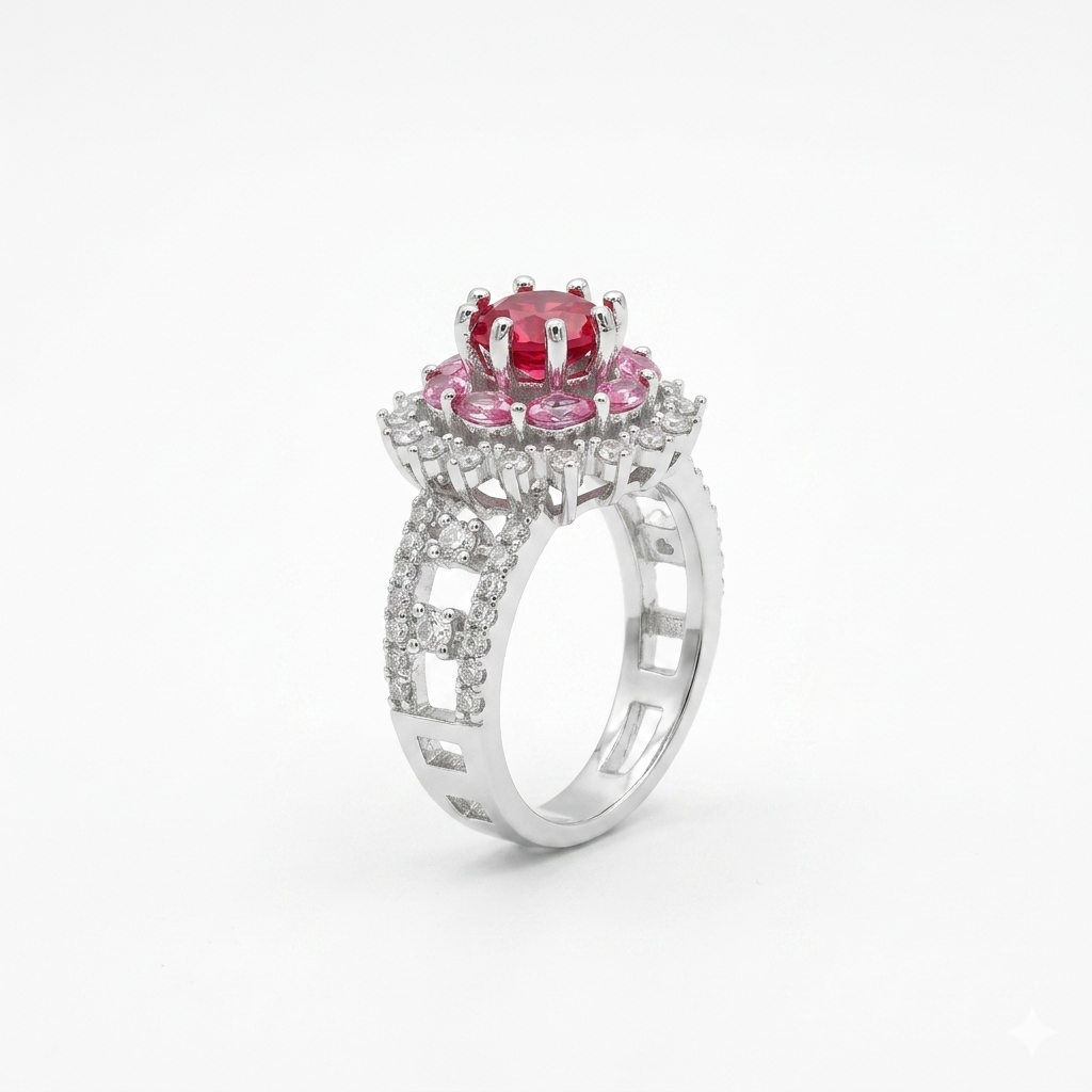 Silver Crown Ruby Statement Ring for Women | خاتم فضي بتصميم التاج وأحجار الياقوت للنساء